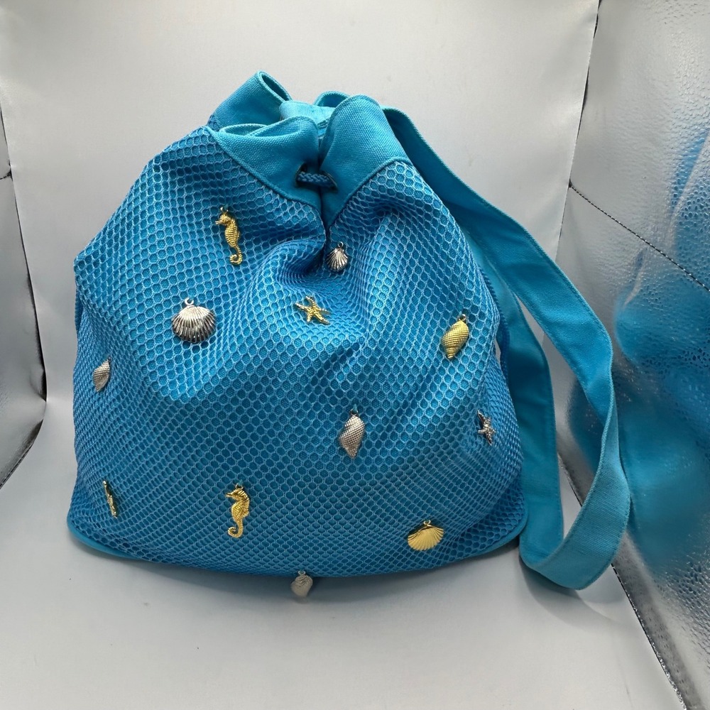 Nautical Blue Mesh Bucket Bag Seahorse Seashell Charms Drawstring Shoulder Bag